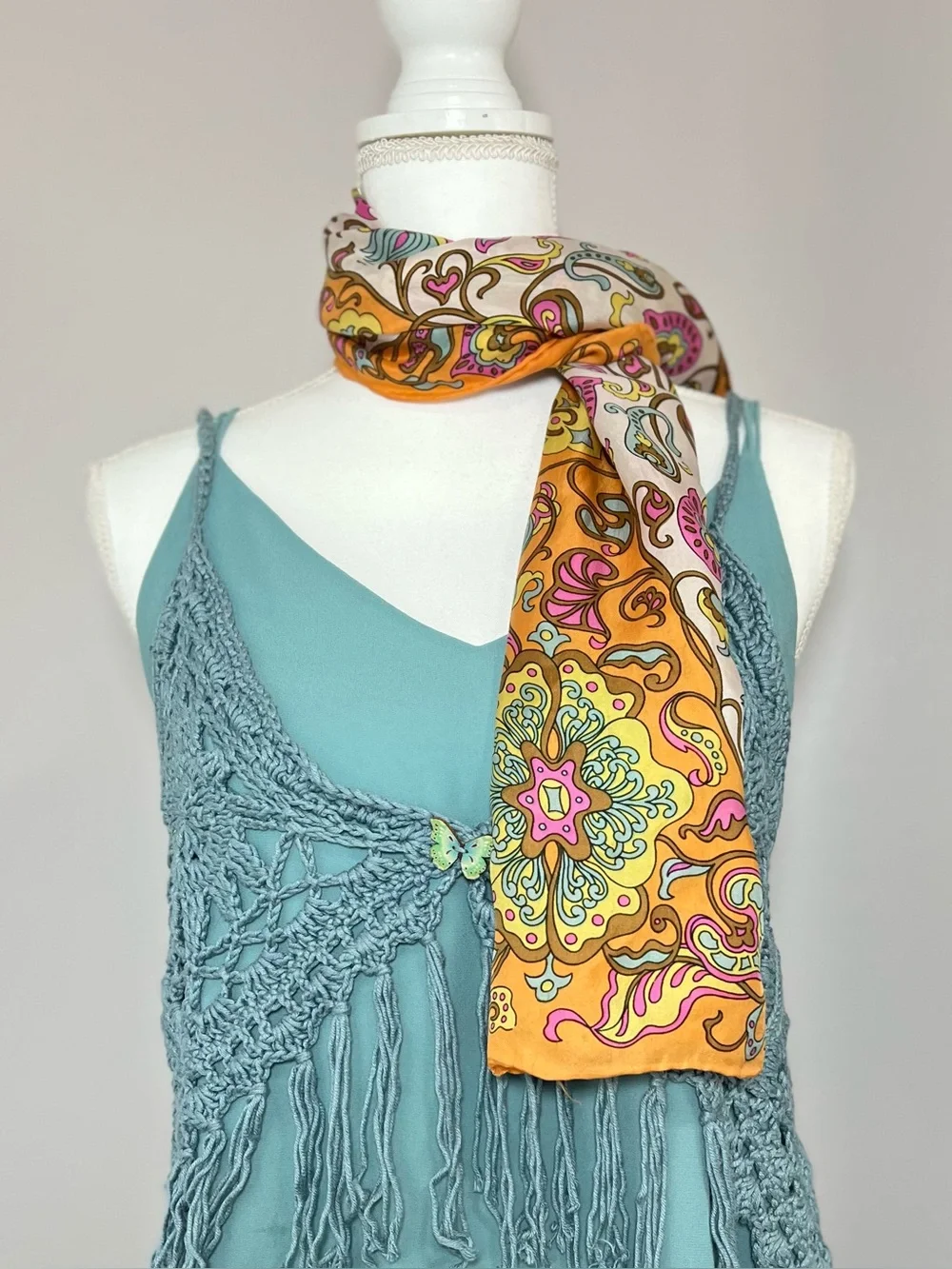 Vintage 1970s 100% Silk Long Paisley Floral Scarf Wrap Orange Boho Festival 🧡